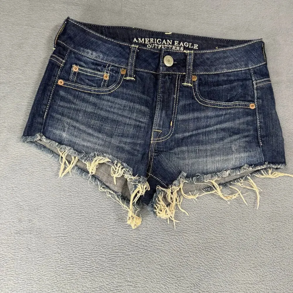 American Eagle Shortie‎ Shorts Womens 00 Mid Rise 100%Cotton Dark Stretch Denim